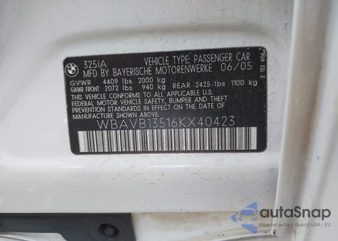 2006 BMW 325I z USA, uszkodzony, nr VIN WBAVB13516KX40423